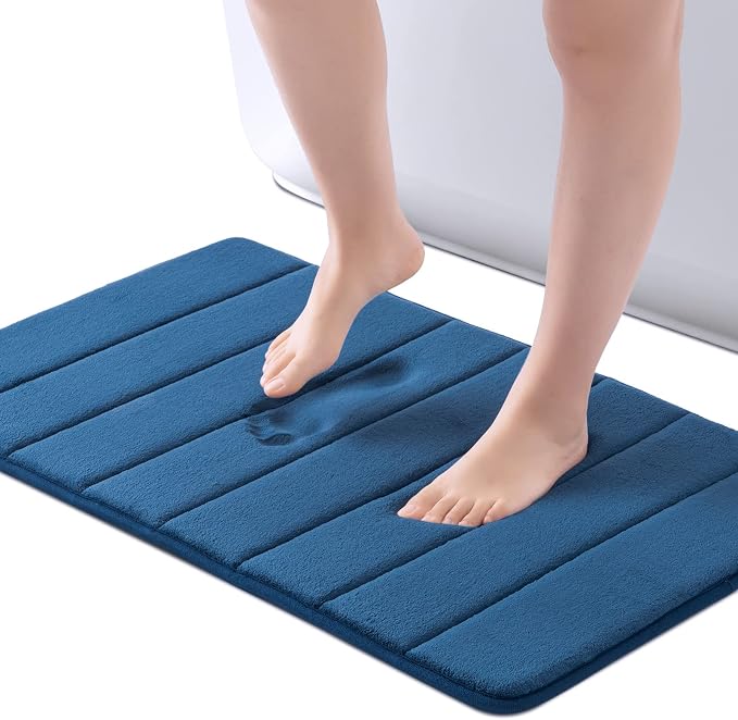 ROSMARUS Memory Foam Bath Mat, 17''x24'', Navy | Water Absorbent, Ultra Soft, Non Slip, Thick Foam, Bathroom Rugs for Floor & Tub, Machine Washable Care