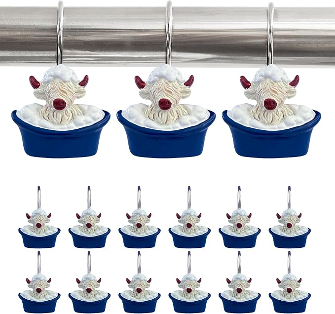 12 Pcs Funny Theme Highland Cow Shower Curtain Hooks for Bathroom Decor | Western Rustic Farmhouse Ring Hangers Bathtub Rust Resistant Highland Cow Decor for Vintage Cowboy Resin Stainless Steel Hook