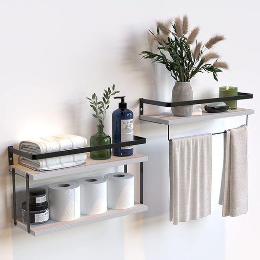 RICHER HOUSE Floating Shelves Bathroom, Wall Mounted Shelf Over Toilet | 2+1 Tier, with Metal Rail, Towel Rack, Paper Storage Shelf, Wall Shelves Decor for Bathroom, Kitchen, Rustic, Wood, White