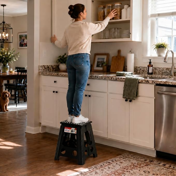 16 Inch Folding Step Stool, Heavy Duty, 400 lbs, Black | Lightweight Collapsible Stepping Stool for Adults with Handle, Non-Slip, for Kitchen, Bathroom, Bedroom and Outdoor Use