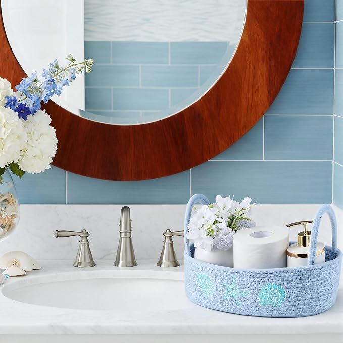 Vesici Ocean Woven Toilet Paper Basket Coastal Cotton Rope Bathroom Decor | Countertop Organizer with Starfish Seashell, Blue Bathroom Storage Decor, Toilet Closet Nursery Organizing, 13 x 6 x 4 Inch
