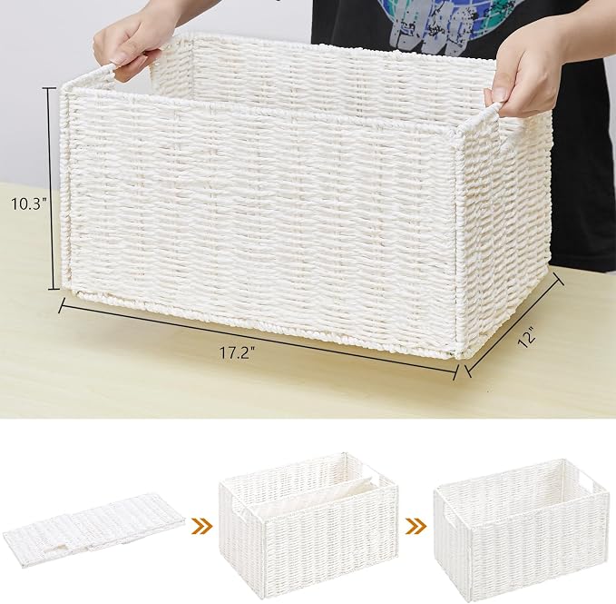Wicker Storage Basket, Set of 2 Hand-Woven Paper Rope Wicker Basket, Large Storage Baskets for Organizing, Foldable Large Cube Storage Organizer Bins for Shelves (White)