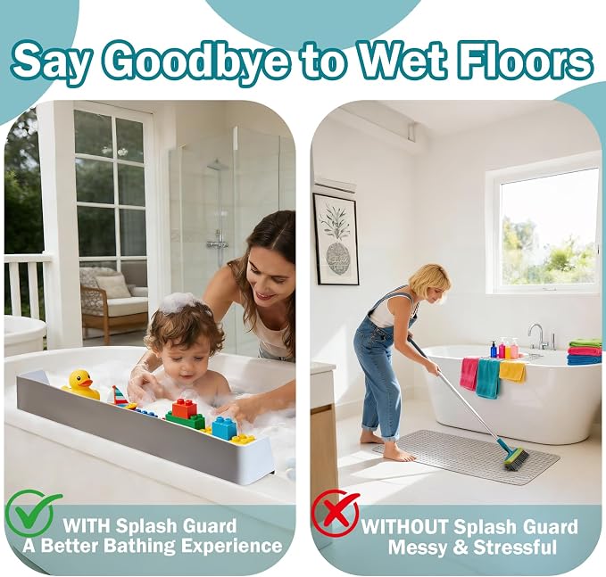 Bathtub Splash Guard for Tub Kids- Silicone Bath Play Shelf | 31" Extra Long Toy Tray & Caddy Holder, Prevent Water Spills & Messy Floors, Tub Edge Guard for Bathroom- Grey