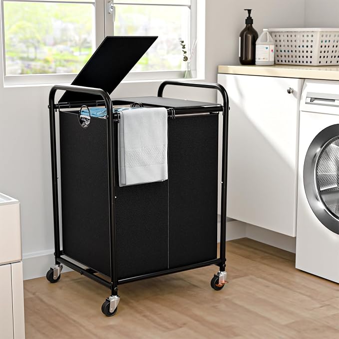 120L Laundry Sorter 2 Section, Rolling Laundry Basket with Wheels ＆ Lid | 31.7 Gal Laundry Hamper, 2 Separated Removable Bags, Lockable Wheels, Dirty Clothes Hamper for Laundry Room, Bedroom, Black