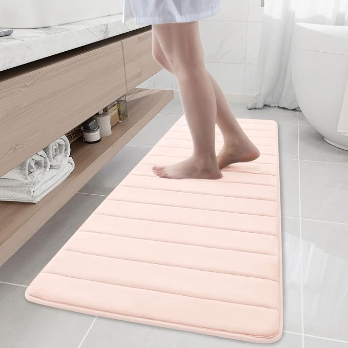 Buganda Memory Foam Bath Mat 59 x 20, Ultra Soft Absorbent Bathroom Rugs | Pink, Machine Washable Quick Dry Bath Mats for Bathroom Floor, Shower and Tub, Home Decor Accessories