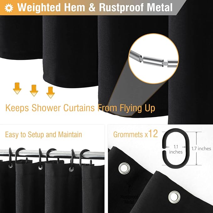 72x78 Linen Textured Waterproof Thick Fabric Shower Curtain Set, Black | Long Size, 230GSM Polyester, Heavy Duty Cloth, Weighted Hem, 12 Plastic Hooks, Modern Luxury Hotel Style, Machine Washable