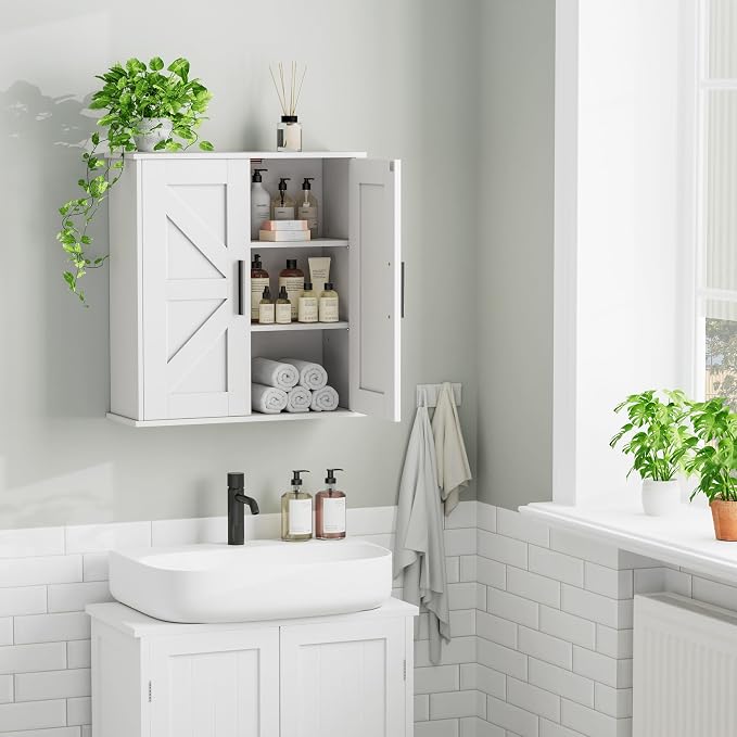 Homleke Bathroom Wall Cabinet, Medicine Cabinet with Adjustable Shelves | 3-Tier Wall Mounted Over Toilet Storage with Barn Doors, for Bathroom, Kitchen, Entryway, Laundry Room, White, (7.9" D)