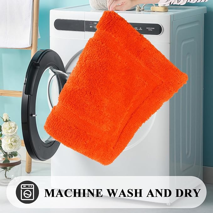 SHACOS Soft Microfiber Bathroom Rugs Set of 2 Pieces, Orange | 32x20 + 24x16, Absorbent Plush Bath Rugs, Non Slip Washable Shaggy Bath Mats, Fluffy Bathroom Runner Floor Mats Shower Rug
