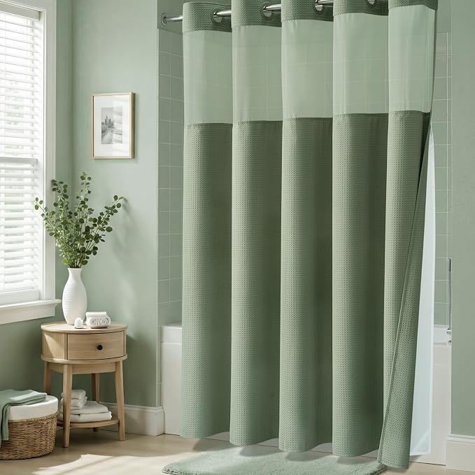 Sage Green Hook Free Waffle Shower Curtain & Snap-in Liner,72x87 | Less Time to install, 3 in 1 Fabric Shower Curtain and Liner Set with Magnets, Extra Long, Shower Curtains for Bathroom