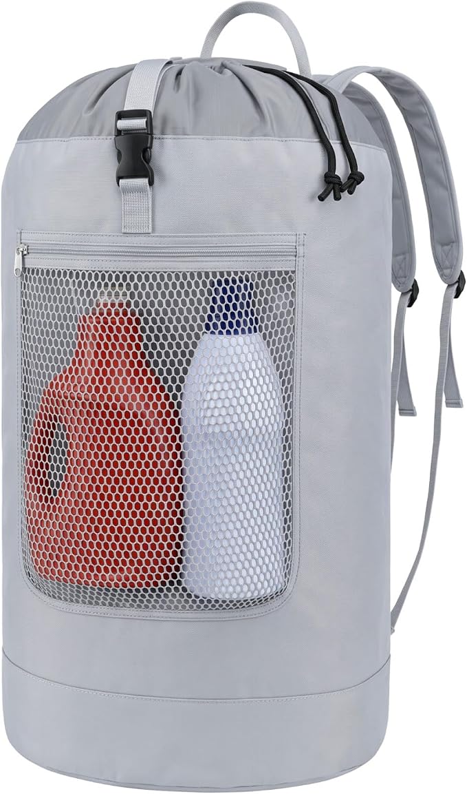 F-color Laundry Backpack for College, 115L Laundry Bag, Light Gray | Wide Shoulder Straps, Mesh Zipper Pocket, Drawstring Closure, Heavy-Duty, Dorm Room Essentials, Laundromat, Camping