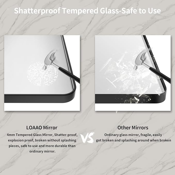 LOAAO 48X30 Inch Black Metal Framed Bathroom Mirror for Wall, Matte Black Bathroom Vanity Mirror Farmhouse, Large Rounded Rectangle Mirror, Anti-Rust, Tempered Glass, Hangs Horizontally or Vertically | Matte Black, Rounded Rectangle, Anti-Rust, Tempere...