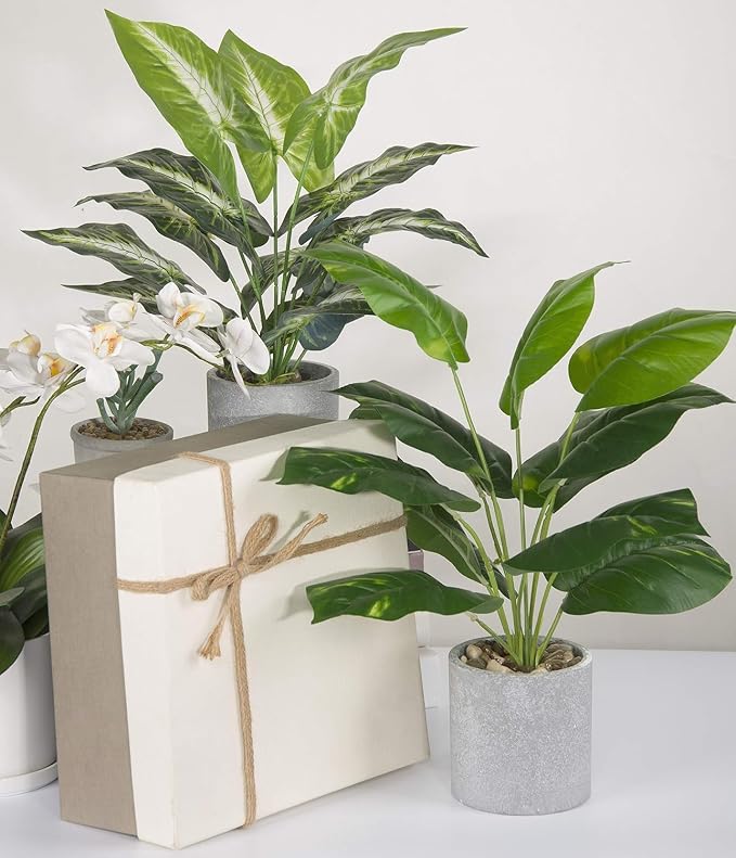 16" Fake Plants Taro Leaf for Shelf Bathroom Decor | Artificial plants，shelf desk bathroom home decor，easy to fluff no care needed，UV wrinkle resistant，Eco-friendly，Pet-safe