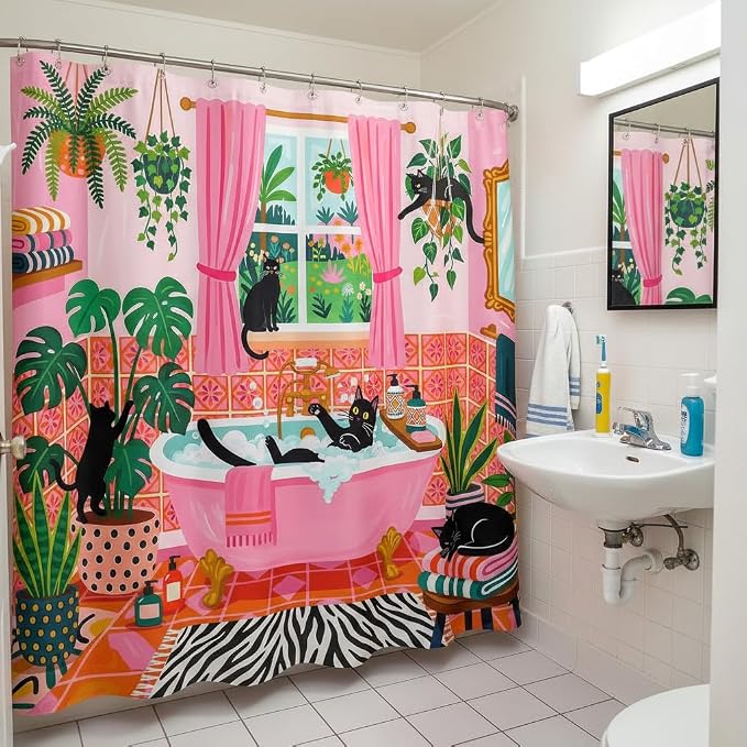Accnicc Funny Cat Shower Curtain Boho Cute Fun Black Cats Shower Curtains for Bathroom Green Tropical Plant Pink Decorative Girly Waterproof Fabric Bath Curtain Decor 72 X 72 Inches