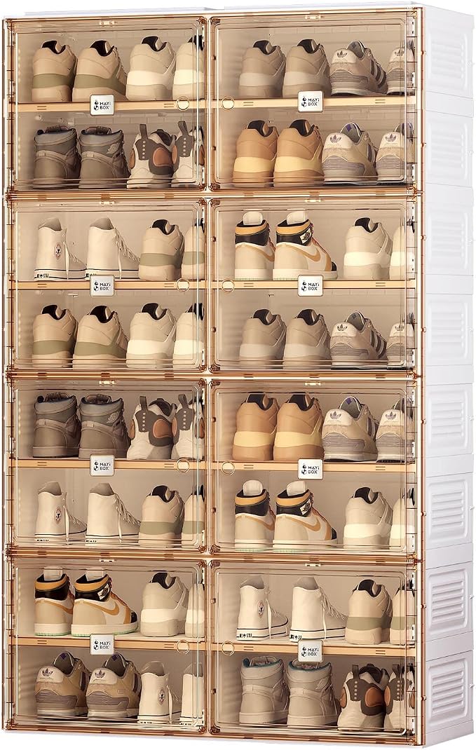 ANTBOX Portable Shoe Rack Organizer for Closet Entryway, Stackable Sneaker Storage Shoe Cabinet with Magnetic Clear Door, Large Plastic Storage containers Bins with Lids 8 Tiers 32 Pairs