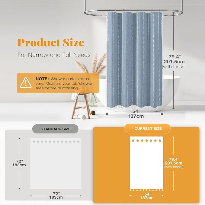 54x78 Boho Farmhouse Linen Heavy Duty Cloth Shower Curtain Set, Blue | Narrow Long Size, 330GSM Linen Blend, Water Repellent, Vintage Striped Fabric, 10 Hooks, Rustic Country, Machine Washable