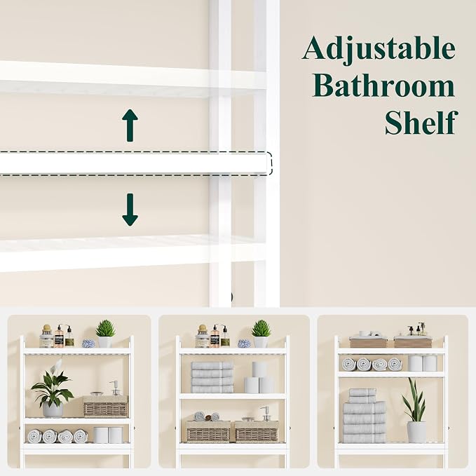 Smiry Bamboo Over The Toilet Storage Cabinet, 3 Tier, White | Wooden Bathroom Organizers with Adjustable Shelf & 4 Hooks, Space Saving Shelf Rack for Bathrooms, Laundry Room, Balcony