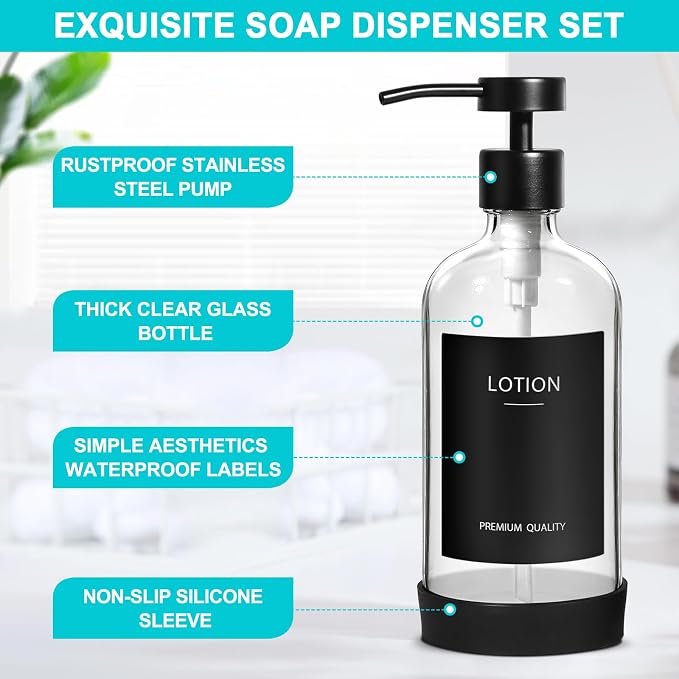RYTOXILO Clear Soap Dispenser 2 Pack, Glass Soap Dispenser with Stainless Steel Pump, 16.9 Fl oz Refillable Kitchen Hand and Dish Soap Dispensers Set, Modern Clear Soap Lotion Dispensers Bottle