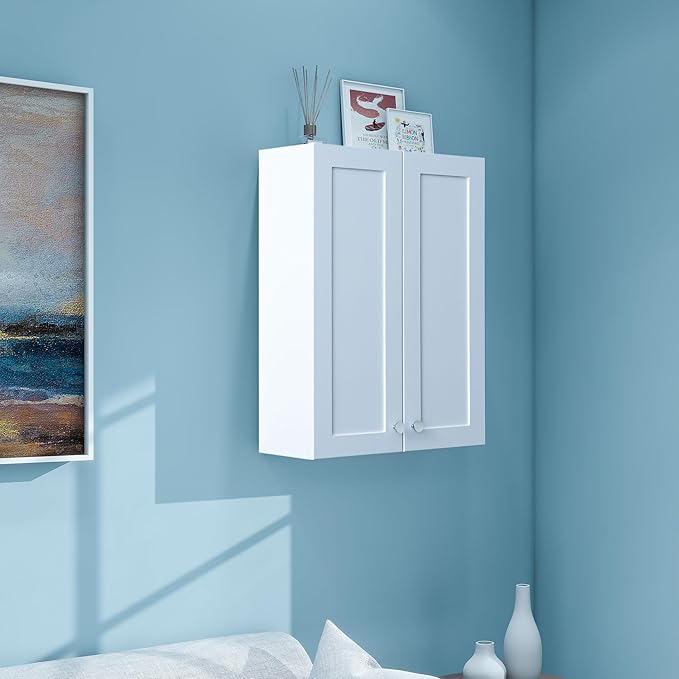 VANIRROR White Wall Mount Cabinet, MDF Over the Toilet Storage Cabinet | Medicine Cabinet with Adjustable Shelves, Space Saver 2 Door for Bathroom Laundry Kitchen,19x 27 inch