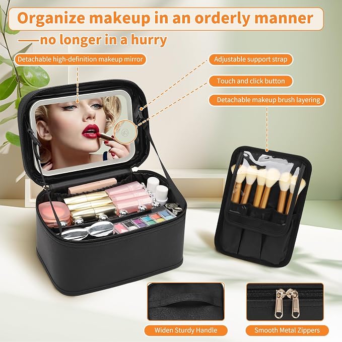 Makeup Bag With LED Mirror, Travel Makeup Bag With 3 Color Setting Light Up Mirror Cosmetic Makeup Organizer Vanity Case for Women Beauty Tools Accessories Rechargeable Makeup Travel Bag-Black