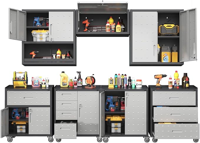 Garage Storage Cabinet System,Wall Cabinet & Locking Rolling Tool Cabinet with Doors and Adjustable Shelves