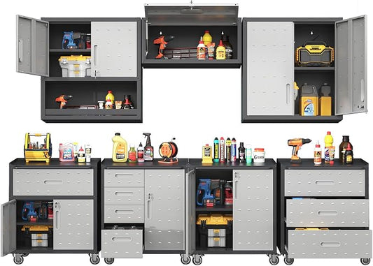 Garage Storage Cabinet System,Wall Cabinet & Locking Rolling Tool Cabinet with Doors and Adjustable Shelves
