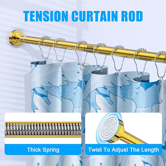 TEECK Shower Curtain Rod, 27-76 inch Adjustable Spring Tension Curtain Rod, Never Rust Anti-Slip Shower Curtain Rod for Bathroom, No Drilling, Never Collapse, Easy to Use, Gold