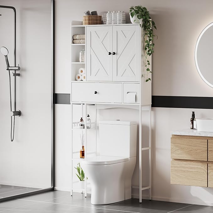 Garvee Over-The-Toilet Storage Rack, Modern Bathroom Organizer | MDF Shelves & Steel Frame, Space-Saving Toilet Shelf for Small Bathrooms, Bathroom Cabinet for Towels & Toiletries, White