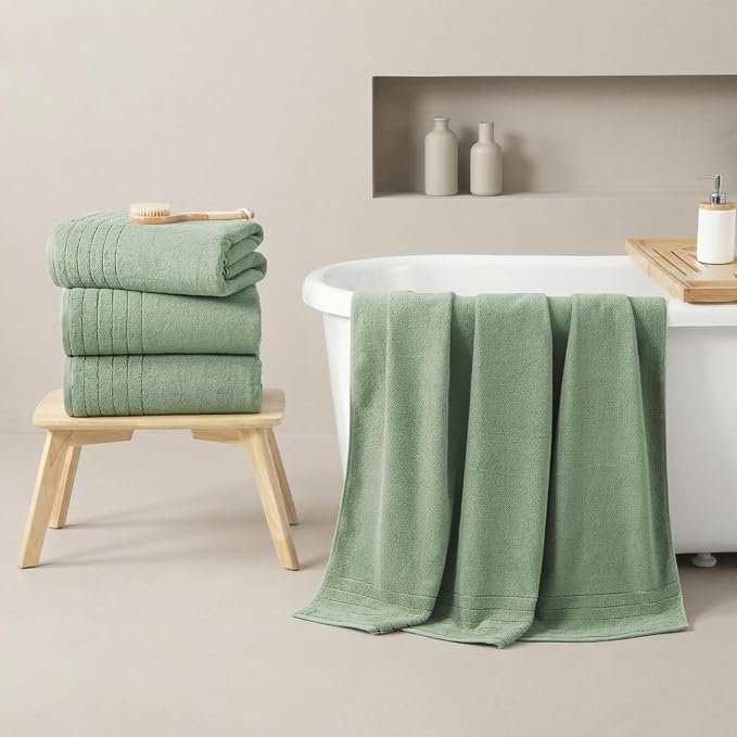 REDKISS 2 Pack Extra Large 35x70 Inch Cotton Bath Towels, Green | 100% thick cotton, ultra soft & absorbent, quick dry green towels for bathroom, gym, spa, pool, hotel
