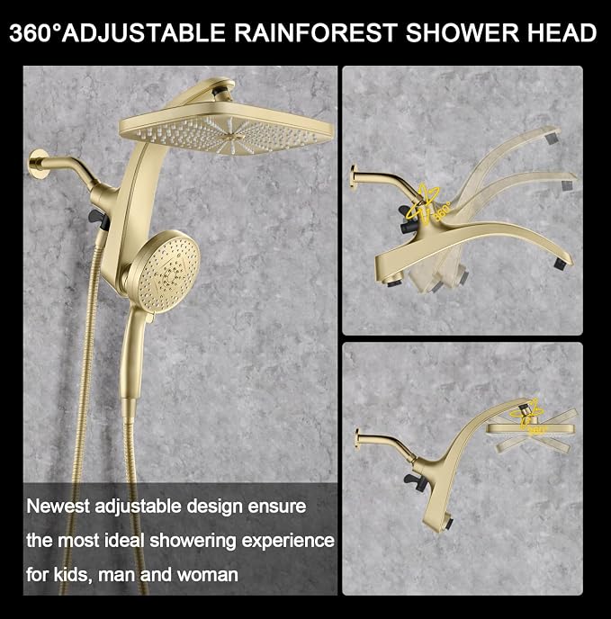 12" High Pressue Rain Shower Head with Handheld, 9 Sprays Hand Showerhead | Shower Heads with Handheld Spray Combo, Dual Head, Built-in Magnetic Docking, Power Jets, 59" Shower Hose, Gold 1.75GPM