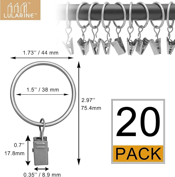 20 Pack Curtain Rings with Clips 1.5" Interior Diameter,Metal Drapery Clips with Rings,Curtain Clips,Strong Vintage Decorative Rustproof Drapery Ring with Hooks for Bathroom,Bedroom(Matte Silver)