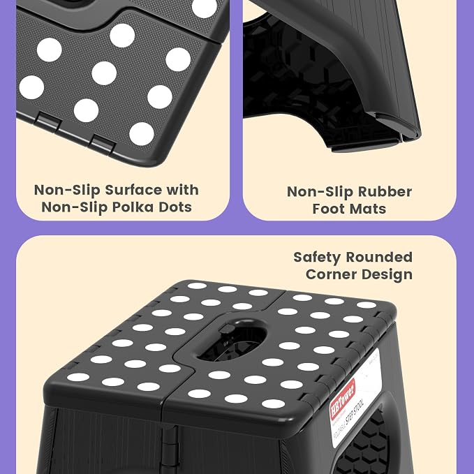 HBTower Folding Step Stool 9 Inch, 600 LBS Capacity with Safety Lock, Black | Compact Step Stool Foldable for Kids & Adults, Portable Carry Handle, Collapsible Foot Stool, Kitchen, Bathroom & Outdoor