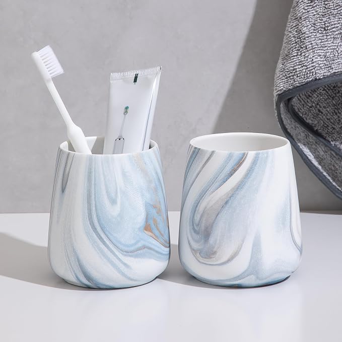 2Pcs Toothbrush Holder for Bathroom - Marble Blue Ceramic Tooth Brushing Holders Set, Toothbrush Cup & Toothpaste Organizer for Bathroom Countertop, Makeup Brush Holder, Pen Holder for Home Storage