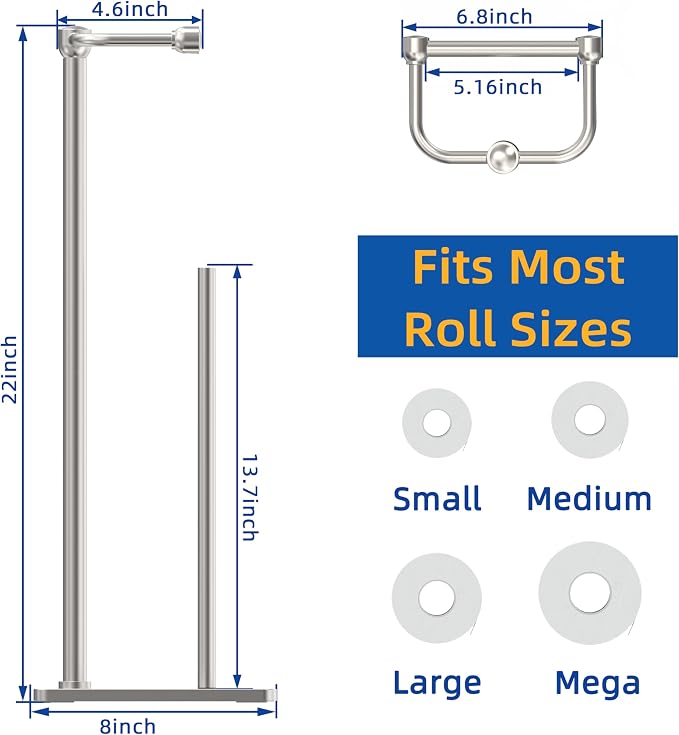 RUACQ Bathroom Toilet Paper Holder Stand with Storage, Brushed Nickel | Pivoting Free Standing Toilet Roll Holder, Holds 4 Reserve Rolls, Anti-drop design, Weighted Base, 304 Stainless Steel