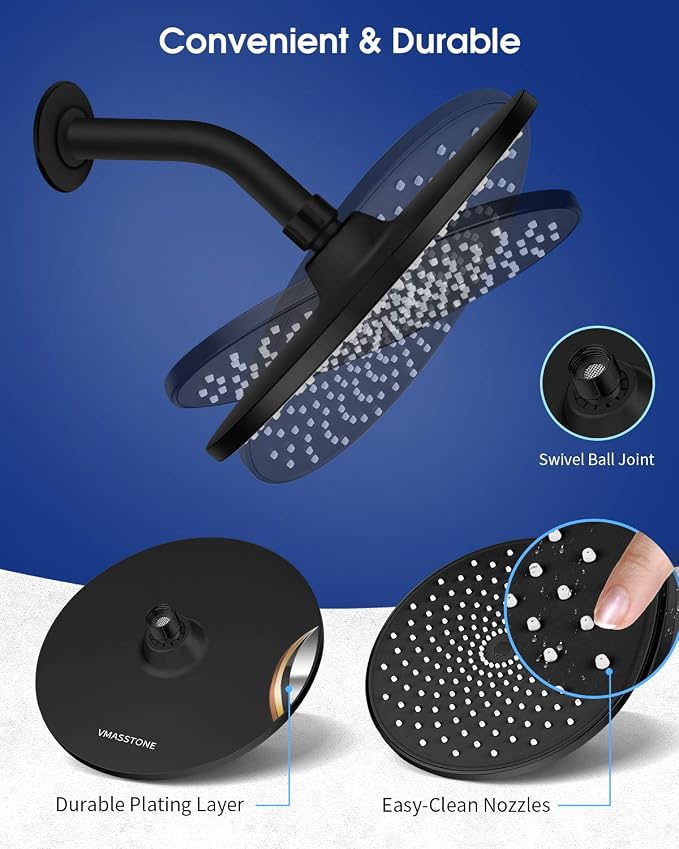 Rain Shower Head VMASSTONE 9In High Pressure Showerhead - Tool Free Installation- with Large Spray Surfaces and 200 Nozzles for Delicate and Unstimulate Shower Experience (EM-001 Matte Black/Black)