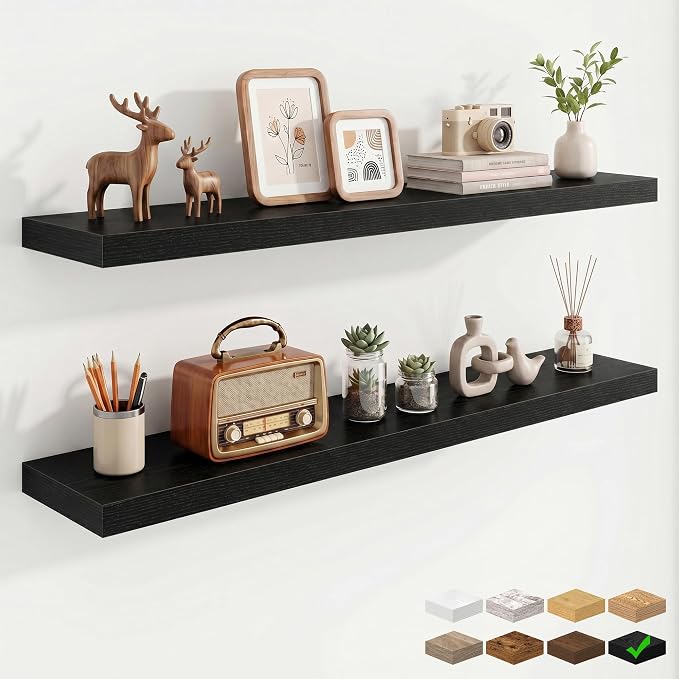 Marsmiles 9.25in Depth 48in Floating Shelves, 48x9.25x1.4, Black, Set of 2 | Long Wall Mounted Engineered Wood Shelves with Invisible Brackets for Living Room, Bedroom, Bathroom, Kitchen
