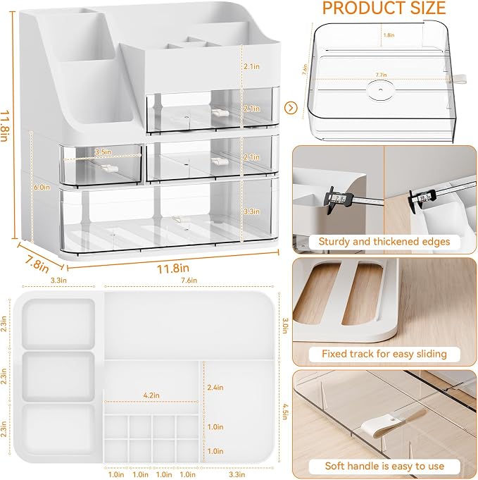 White Makeup Organizer Countertop With 4 Drawers,Large Cosmetics Storage Organizer for Brush,Hair Products,Plastic Makeup Holders and Beauty Skincare Organizers for Bathroom,Vanity,Dresser Top