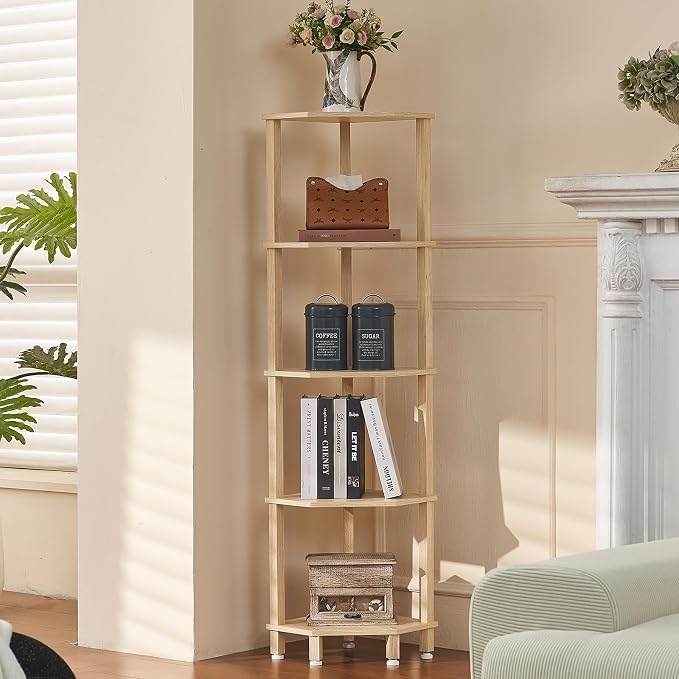 YUFAM 5-Tier Corner Shelf, Natural | Wooden Corner Bookshelf for Small Spaces, Corner Standing Shelf with Sturdy 5-Leg Base for Bathroom