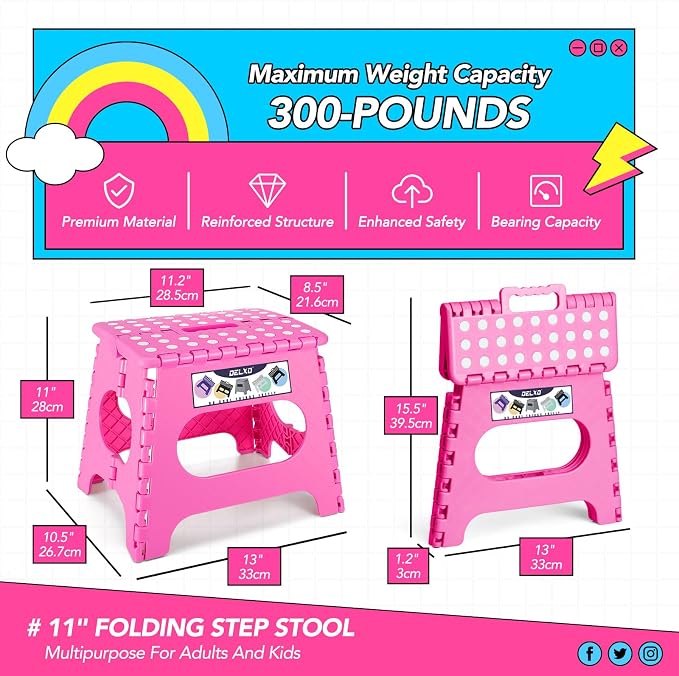 Delxo Folding Step Stool 11 Inch,300 Lbs Step Stool for Kids & Adults Pink | Foldable Step Stool 11",Non-Slip Foot Stools with Handle,Lightweight Collapsible stools for Kitchen,Bathroom,Bedroom,Garden