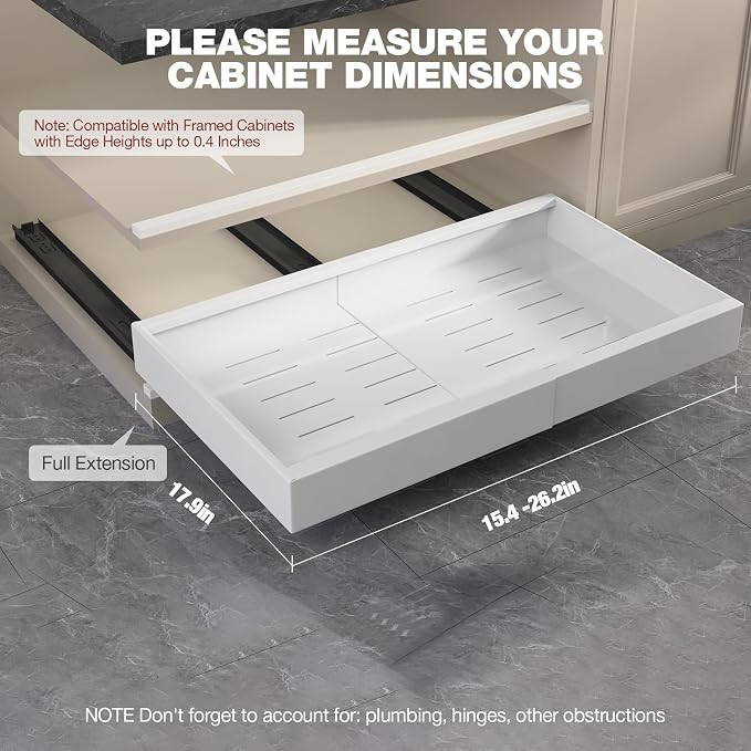 Seinloes 2 Pack Pull Out Cabinet Organizer 18" Deep,Full Extension 3 Slide Rails Slide Out Drawers With Raising Pad for Framed Cabinets,Expandable Width (15.4"-26.2"),No Drill Roll Out shelf,White