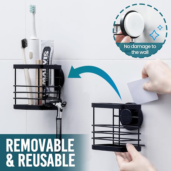 TAILI Patented Suction Cup Toothbrush Holders for Bathrooms, Black | Stainless Steel Toothpaste Holder with Razor Hook, Strong Suction Up to 11lbs, Anti-Puddling, No Drill Removable & Reuseable
