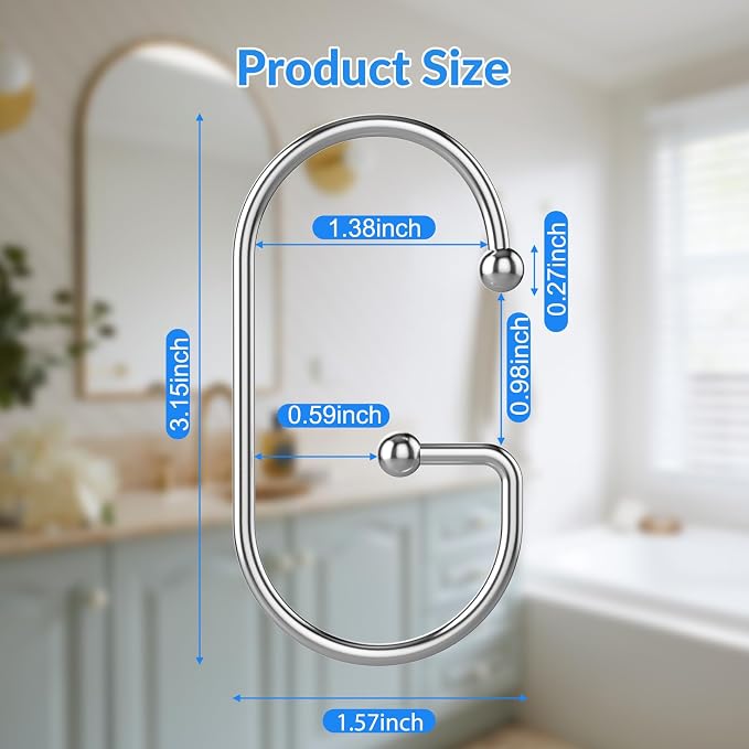 OEH Shower Curtain Hooks, 12 Pcs Shower Curtain Rings, Durable G Shape Silver Shower Curtain Hooks Rust Proof, Simple Shower Rings for Curtain, Glide Smoothly Shower Hooks for Shower Curtain, Chrome