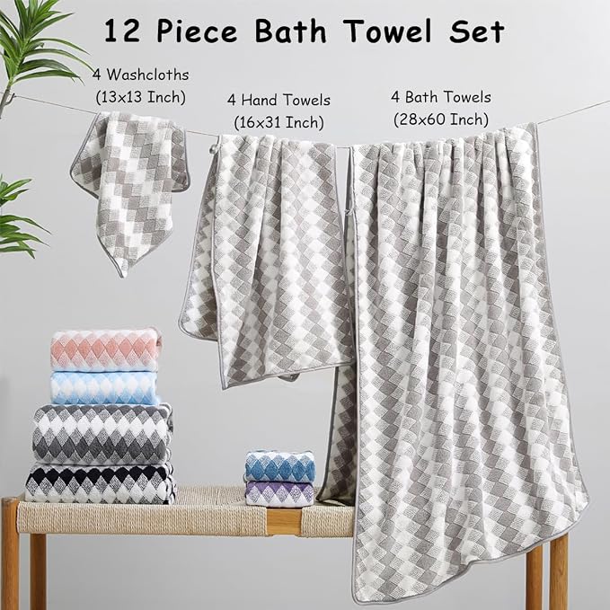 12 Pcs Light Gray Diamond Towel Set-4 Bath Towels,4 Hand Towels,4 Washcloths Soft Polyester Towels with Loop Absorbent Shower Towel Quick Dry Beach Chair Towel Family Towels for Bathroom Spa Gym Pool
