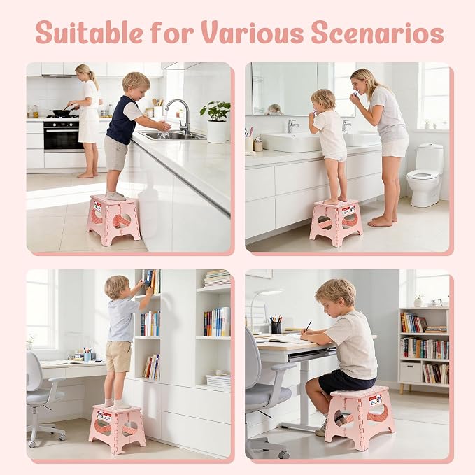11" Folding Step Stool for Kids, Non-Slip Foldable Stool, Light Pink | Heavy Duty Collapsible Foot Stool, Lightweight with Built-in Handle, Holds 300 lb for Adults Kitchen Bathroom Bedroom Outdoor