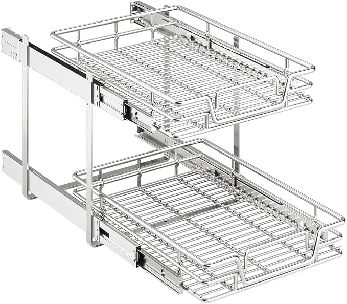 2-Tier Kitchen Cabinet Pull Out Shelf and Drawer Organizer Slide Out Pantry Storaqe Basket in Multiple Sizes (15" W x 21" D)