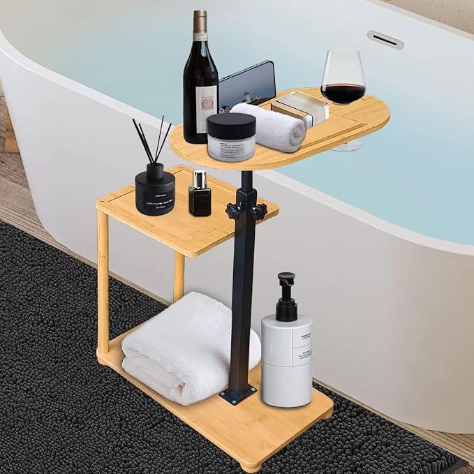 Bathtub Tray, 3 Layer Bathtub Tray Table with Adjustable Height, Enhanced Stability, Freestanding Premium Bamboo Bath Tub Tray for Spa,Bathtub, Bed, Sofa, Couch with Wine Glass Hold (3 Layer)…