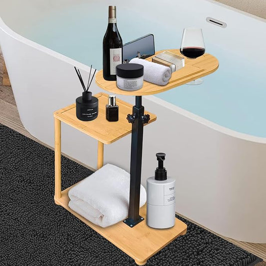 Bathtub Tray, 3 Layer Bathtub Tray Table with Adjustable Height, Enhanced Stability, Freestanding Premium Bamboo Bath Tub Tray for Spa,Bathtub, Bed, Sofa, Couch with Wine Glass Hold (3 Layer)…
