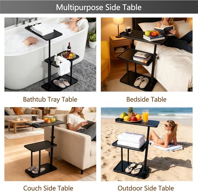 3 Layer Bathtub Tray Table,Bamboo Swivel Bathtub Side Table Height Adjustable,Freestanding Bathtub Tray for Tub Against Wall,Bathtub Accessories&Bathroom Organizer for Luxury Home Spa (Black1)