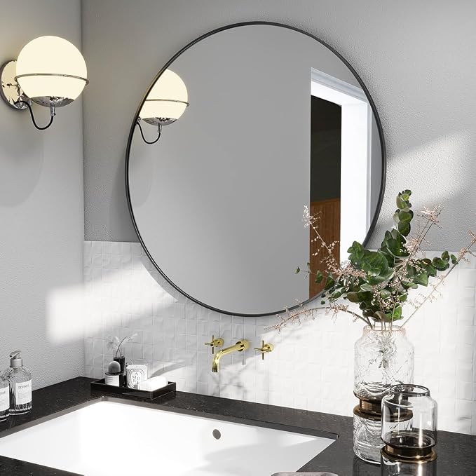BEAUTYPEAK 24 Inch Round Mirror, Metal Frame Circle Mirror, Black | Wall Mounted for Entryway, Bathroom, Vanity, Living Room
