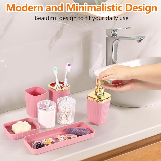 9 PCS Pink Bathroom Accessories Set with Trash Can Bathroom Accessory | All-in-One Kit with Trash Can,Toothbrush Holder,Soap Dispenser,Toothbrush Cup,Vanity Tray,Soap Dish,Toilet Brush etc for Home