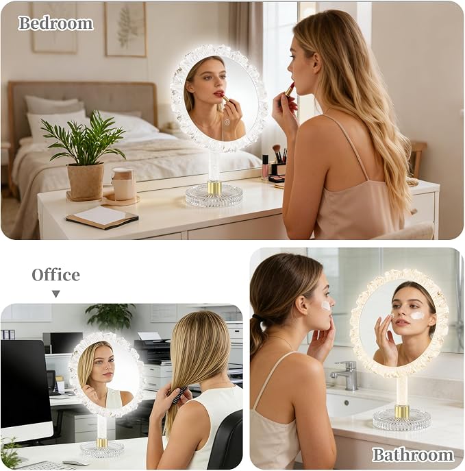 12-Inch Lighted Makeup Mirror, 3 Color Modes, Adjustable | Angle-Adjustable Vanity Mirror with 80 LED Lights; short press to change color temperature, long press for 0-100% dimming